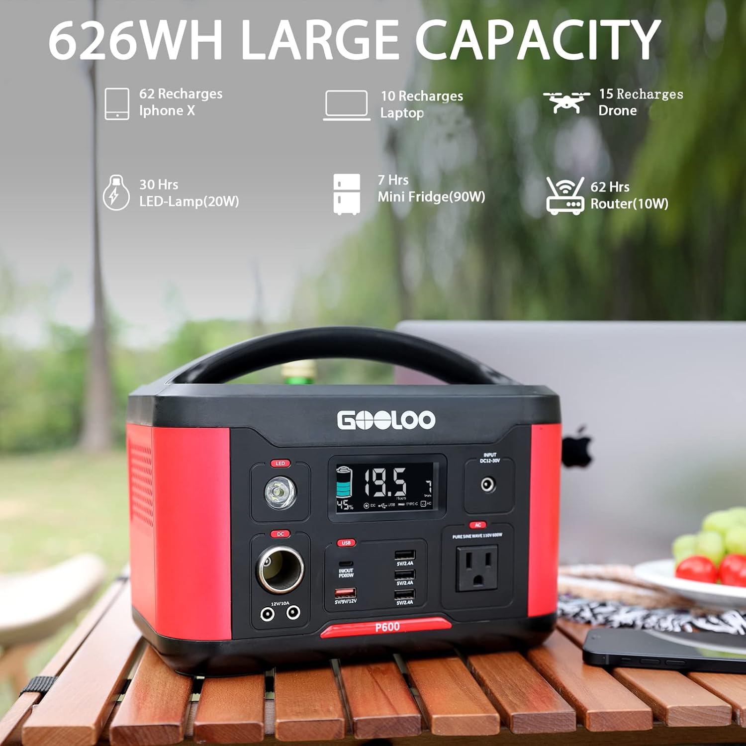 GOOLOO Portable Power Station P600, 626Wh Outdoor Generator with 110V/600W (Peak 1200W) AC Outlets & LED Flashlight