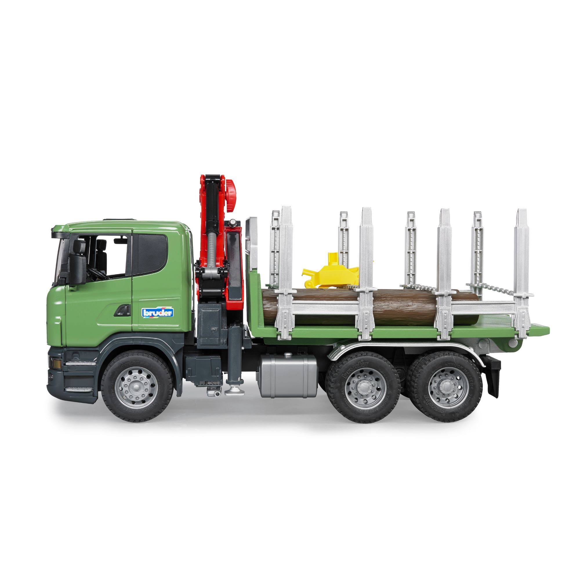 Bruder Scania R-Series Timber Truck with Loading Crane and 3 Trunks