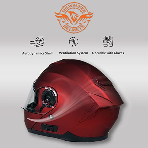 Milwaukee Helmets MPH9817DOT Breeze Red Advanced Motorcycle Modular Helmet Biker w/Drop Down Visor - Large
