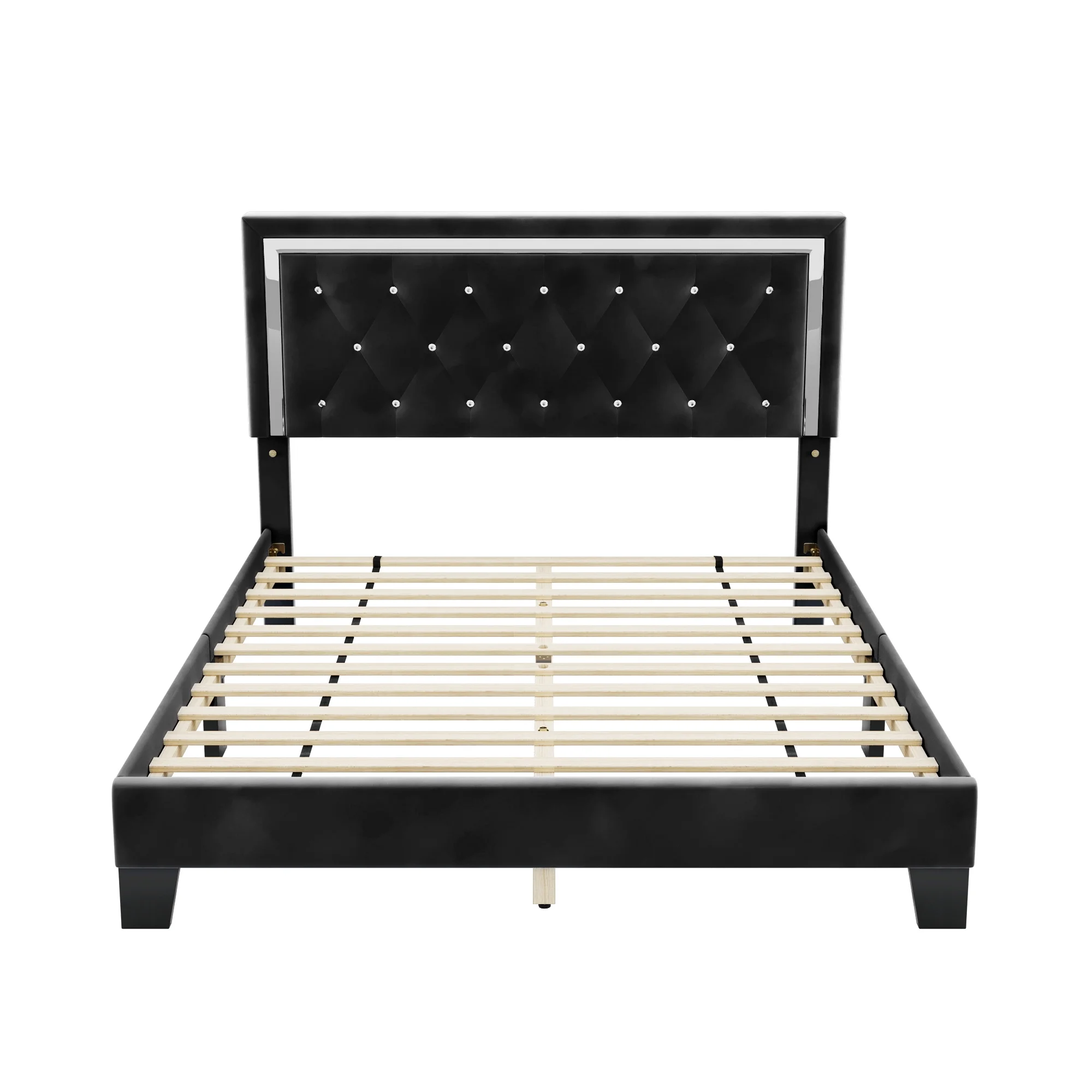 Homfa Queen Size Bed Frame with Adjustable Headboard, Diamond Tufted Upholstered Platform Bed, Black