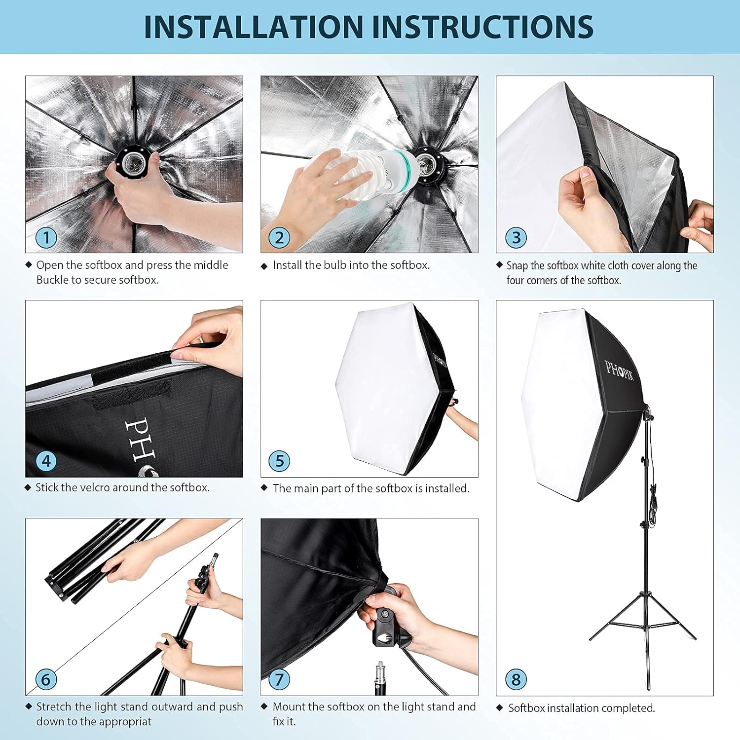 PHOPIK Softbox Photography Lighting Kit: Photo Studio Equipment 30 x 30 inches with E27 85W 5400K Light Bulb and Adjustable Height Light Stand for