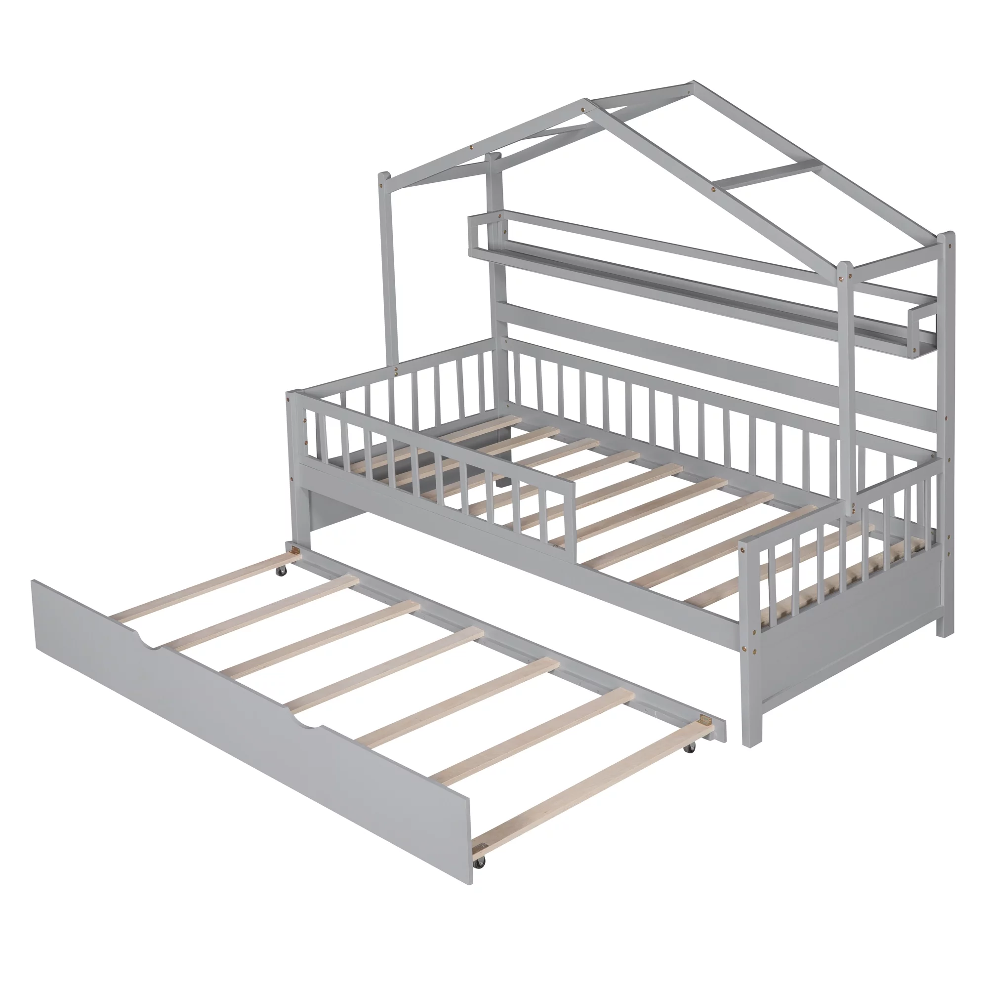 Euroco Wood Twin Size House Bed with Bookcase and Trundle for Kids, Gray