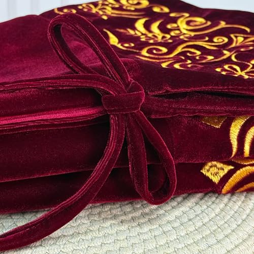 72-Inch Victorian Velvet Christmas Tree Skirt with Gold Damask Embroidery and Plush Lace Ties, Burgundy