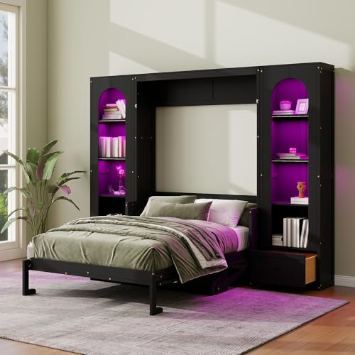 Queen Size Murphy Bed with Desk, Horizontal Wall Bed with Storage Side Cabinets, Drawers and LED Light, Wood Hideaway Wall Bed Frame with Shelves