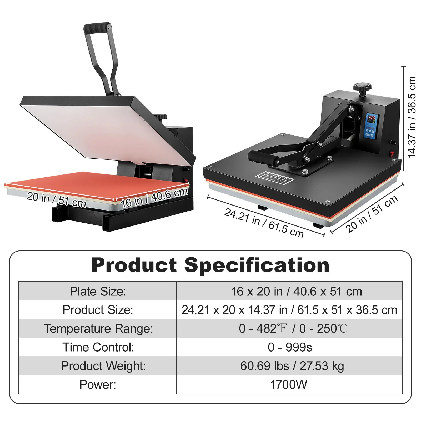 BENTISM Heat Press Machine, 16" x 20" Clamshell Sublimation Transfer Printer Teflon Coated, 1700W Digital Precise Heat Control