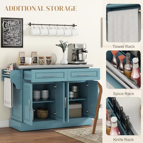 HOMCOM Rolling Kitchen Island Cart with Wheels, Portable Island Table for Kitchen with Stainless Steel Top, Adjustable Shelves, 2 Drawers, Spice