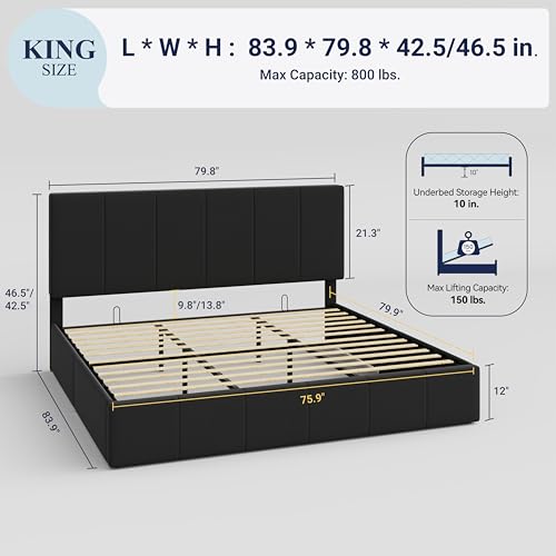Allewie Queen Size Velvet Lift Up Storage Bed Frame, Vertical Channel Tufted Headboard, Hydrualic Underneath Storage, Upholstered Platform Bed