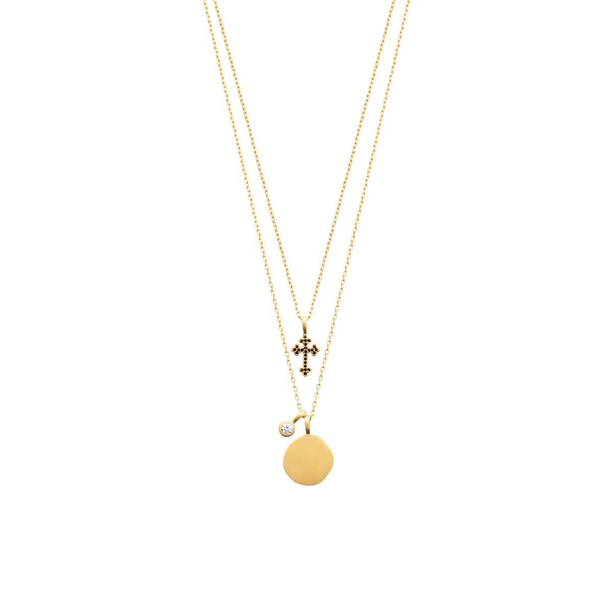Mystigrey Cross 18K Gold Plated Double Necklace with Cubic Zirconia and Black Cross for Women and Girls