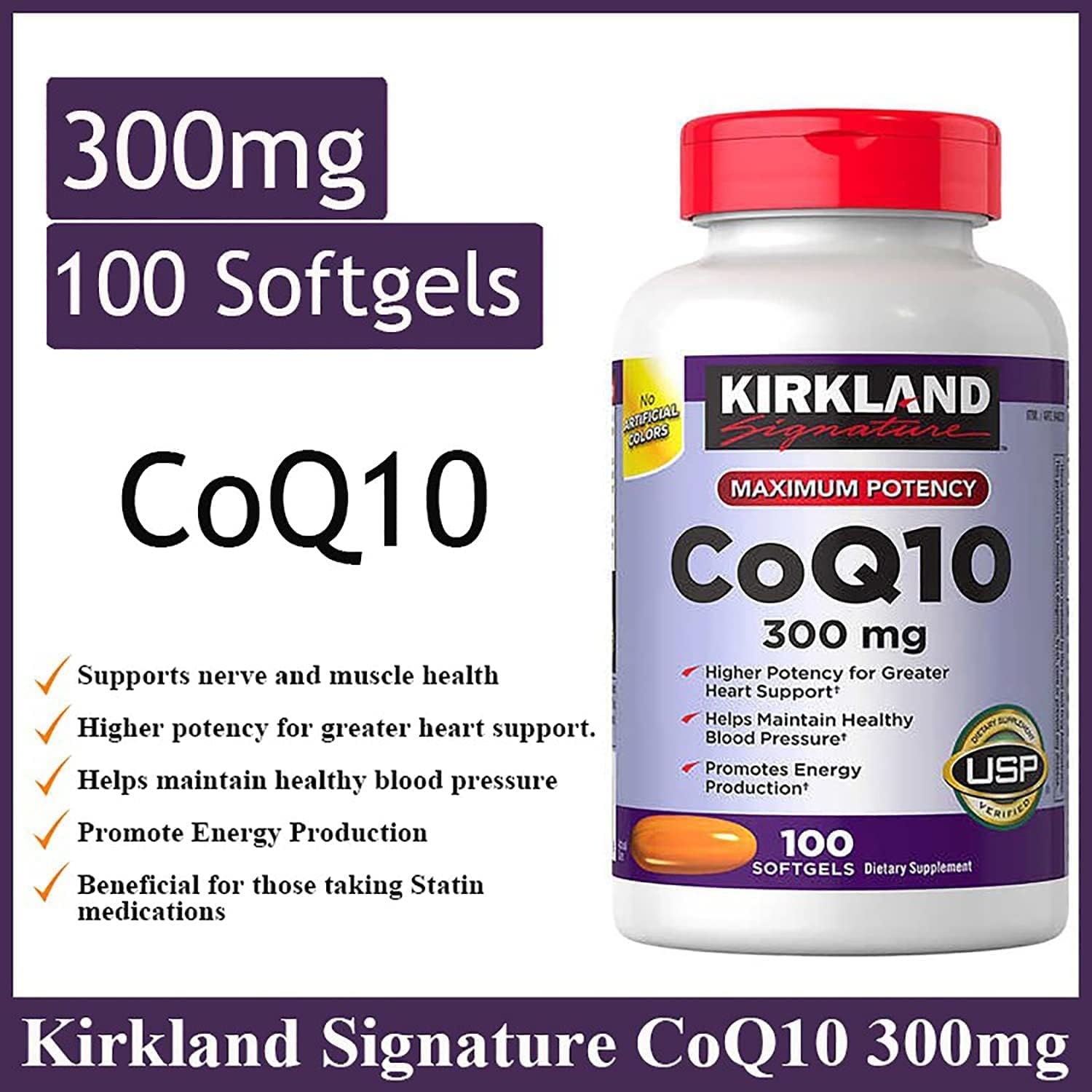 Kirkland Signature Maximum Potency CoQ10 300 mg 100 Softgels Each (100 Softgels (Pack of 2)) Pack of 2