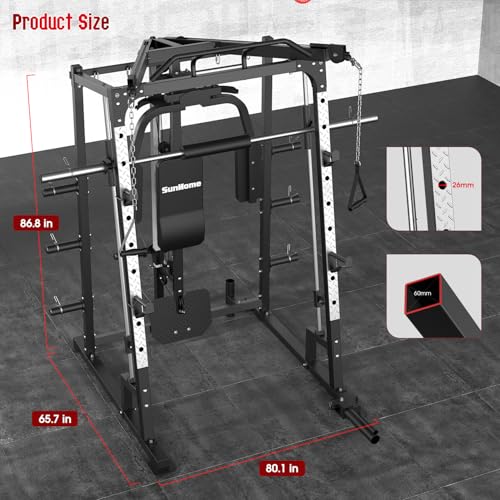 SunHome Smith Machine, 2000LBS Power Cage Squat Rack with Smith Bar, Two LAT Pull-Down Systems