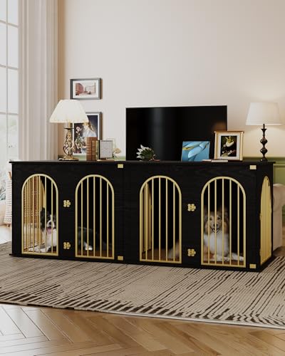 71" Dog Crate Furniture for 2 Dogs, Heavy Duty Indoor Dog Kennel TV Stand, XXL Wooden Dog Cage with Divider for Medium Large Dogs