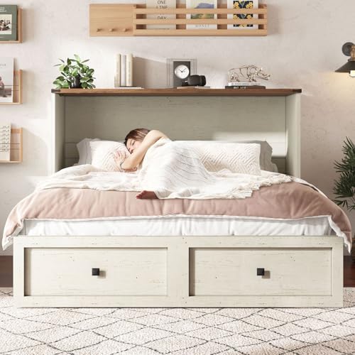AMERLIFE Queen Murphy Bed with Storage & Charging Station, Farmhouse Murphy Cabinet with Foldable Panel, Noisy Free, for Guest Bedroom, Living Room