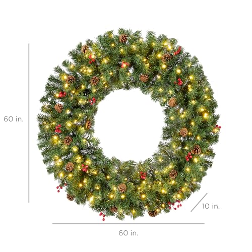 Best Choice Products 60in Large Artificial Pre-Lit Fir Christmas Wreath Holiday Accent Decoration w/ 300 LED Lights, 930 PVC Tips
