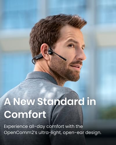 SHOKZ OpenComm2 Open-Ear Bone Conduction Headphones, Wireless Bluetooth Computer Headsets with Noise Canceling Mic and Mute Botton for Work, Call