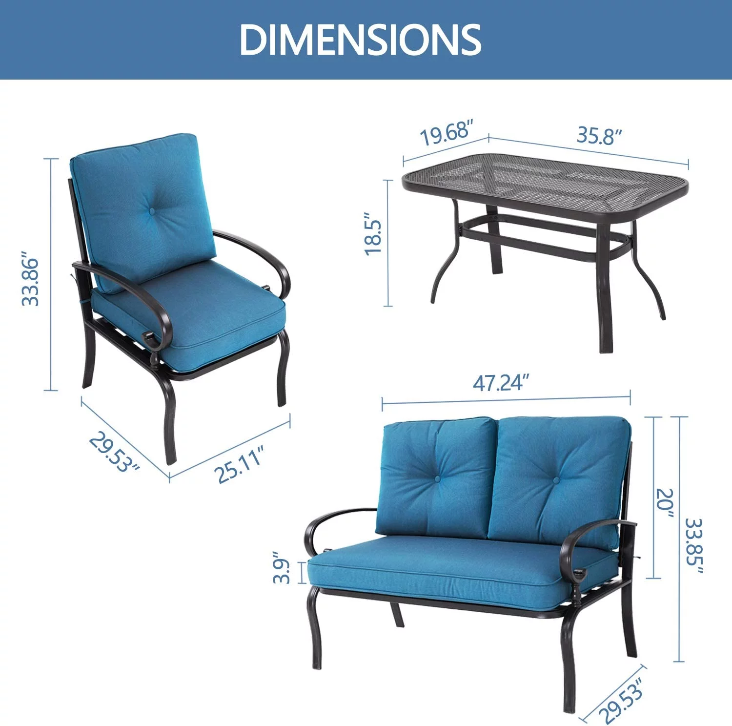SOLAURA 4-Piece Outdoor Furniture Patio Metal Conversation Set with Peacock Blue Cushions
