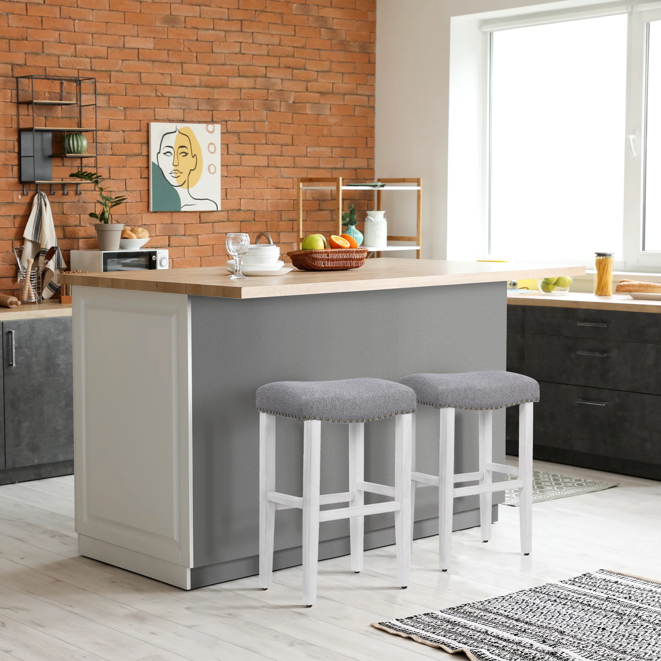 WestinTrends Barstools Bar Height Set of 2, 29" Farmhouse Kitchen White Wooden Saddle Stool Chair, Linen Upholstered Cushion with Solid Wood Leg, Gray