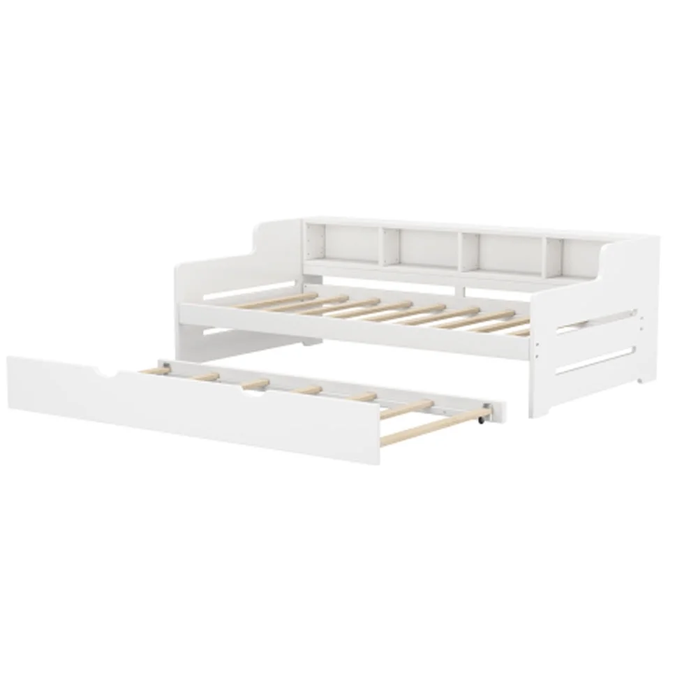 Twin Size Wooden Day Bed with Trundle for Guest Room, Small Bedroom, Study Room, White