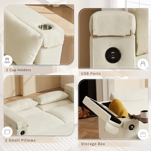 68.11" Corduroy Sleeper Chair Bed with USB Port, Cup Holders & Side Storage Pockets – 3-in-1 Foldable Sofa Bed for Guest Room, Living Room – White