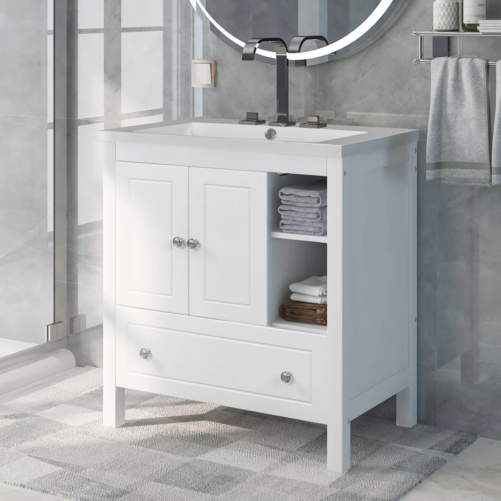 30" Bathroom Vanity with Sink, Bathroom Storage Cabinet with Doors and Drawers, Solid Wood Frame, Ceramic Sink, White