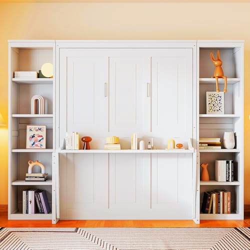 Queen Size Murphy Bed Wall Bed with Desk and Closet,Drawers and Shelves,for Small Spaces Studio Study Office Guest Room Use (Gray#Desk, Queen)