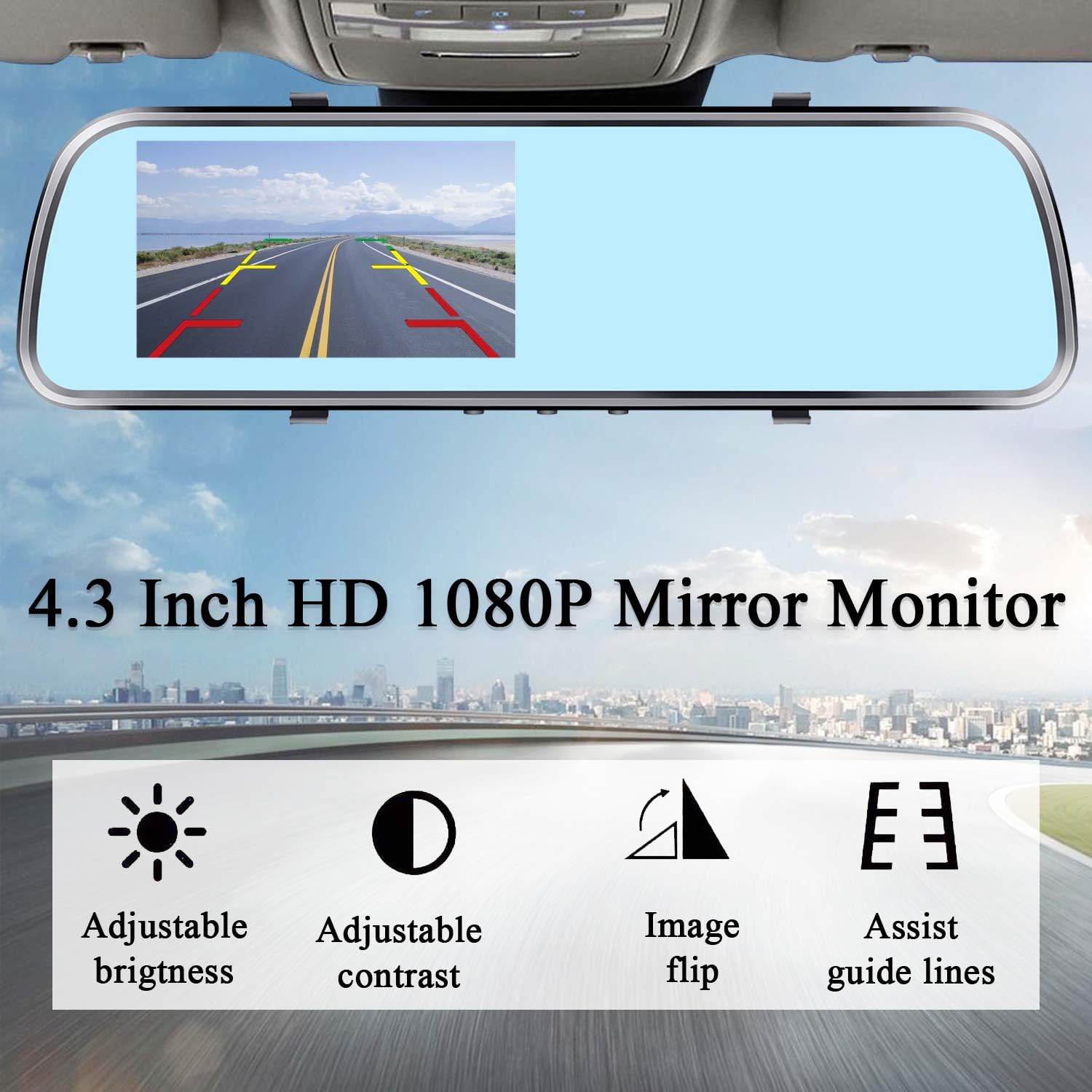 Backup Camera for Car 4.3'' Monitor License Plate Rear View Mirror Camera, HD 1080P Easy Installation System for Cars, Trucks, Minivans
