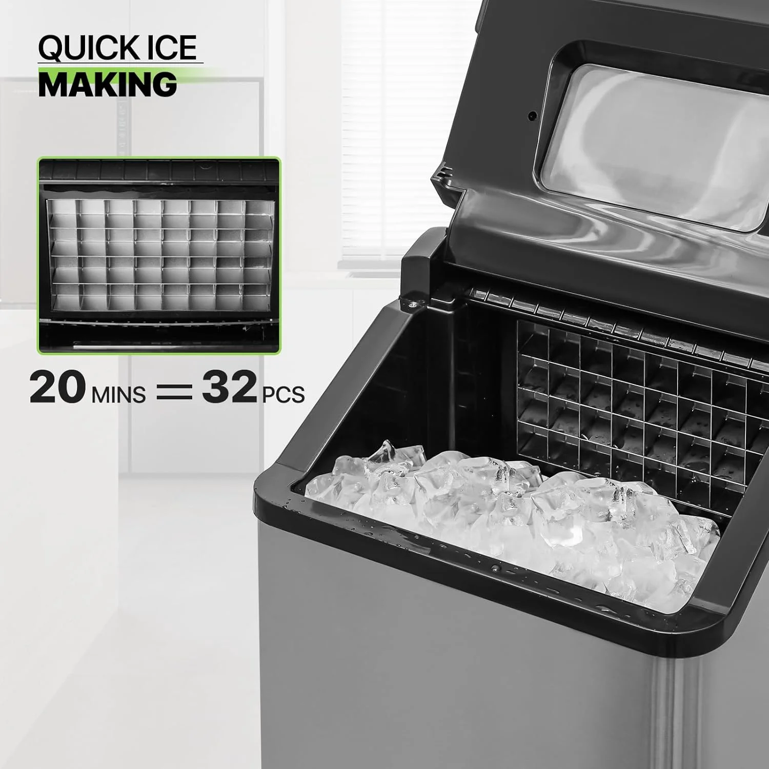 Ice Maker Countertop 9 Cubes Ready in 10Mins, 26lbs in 24Hours, 2 Sizes Bullet Shaped Ice, Ice Maker Machine with Ice Scoop and Basket
