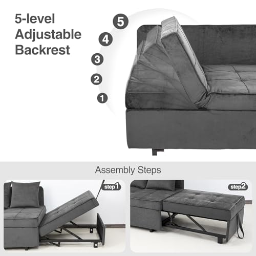 Sofa Bed 4-in-1 Convertible Pull Out Couch, Velvet Love seat Couch Sleeper Chair Bed with 2 Throw Pillow