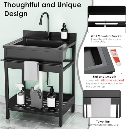 26 Inch Utility Sink, 304 Stainless Steel Sink Free Standing Sink with Cold and Hot Water Pull-out Faucet, Heavy Duty Laundry Sinks for Workshop