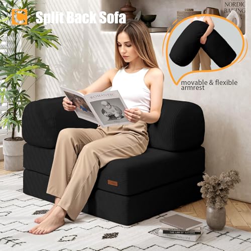 COMAX Folding Sofa Bed, Convertible Chair Bed Corduroy 3-in-1 Foldable Floor Couch with High-Density Foam, Futon Sofa Sleeper Mattress