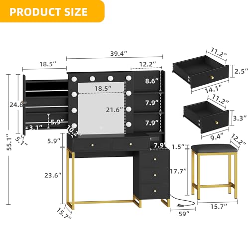 YITAHOME Makeup Vanity Desk with Mirror & Power Outlet, Hollywood Vanity Set with Hidden Jewelry Storage, 5 Drawers and Lots Shelves