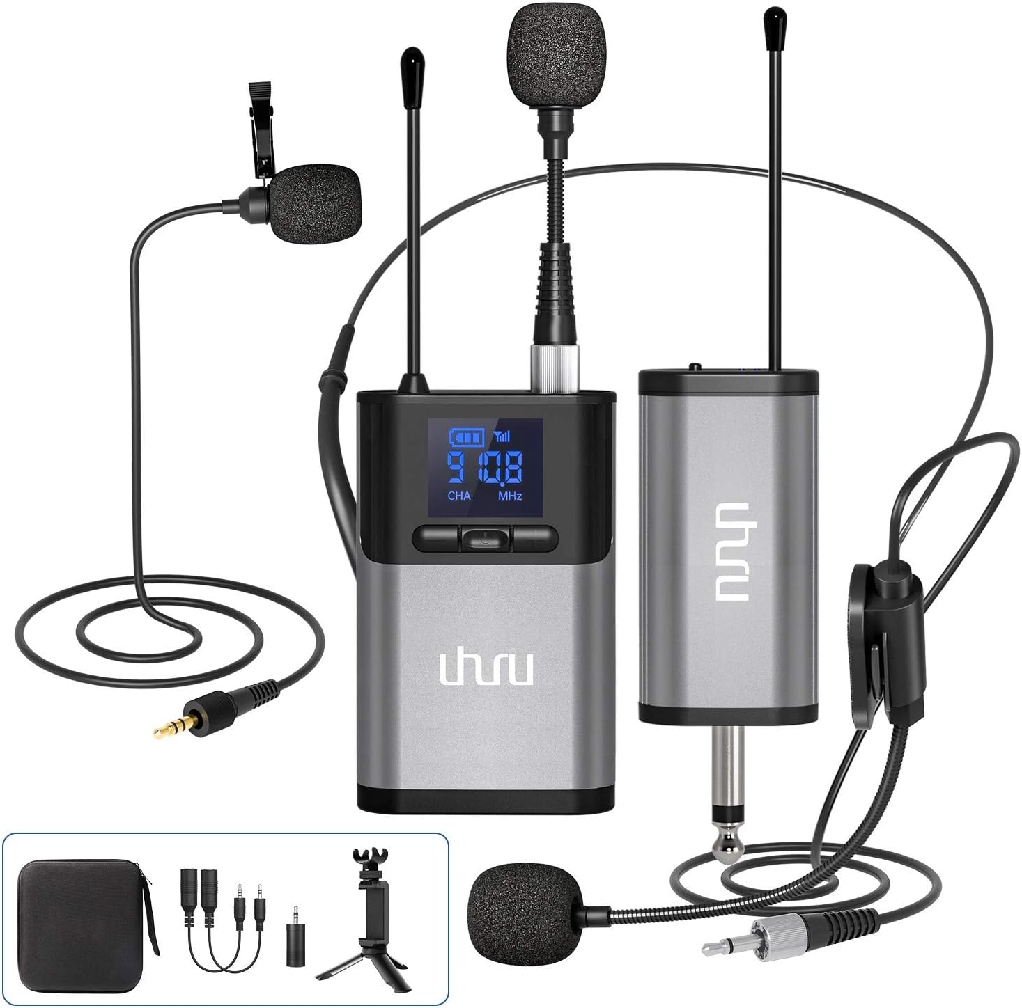 Wireless Lavalier Microphone, UHURU 3 in 1 Wireless Microphone, Bodypack Transmitter & Receiver Powered 2 x AAA Batteries for Preaching, Teaching