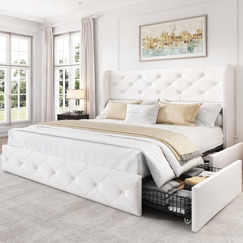 King Size Bed Frame with 4 Storage Drawers and Tufted Headboard Linen Upholstered Platform Bed Frame Wingback Beds with Wooden Slats Support