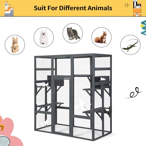 COZIWOW 70Inches Large Stable Spacious Wooden Catio Outdoor Cat Enclosure with Perches and Condos, Cat Cage Indoor with Waterproof Roof