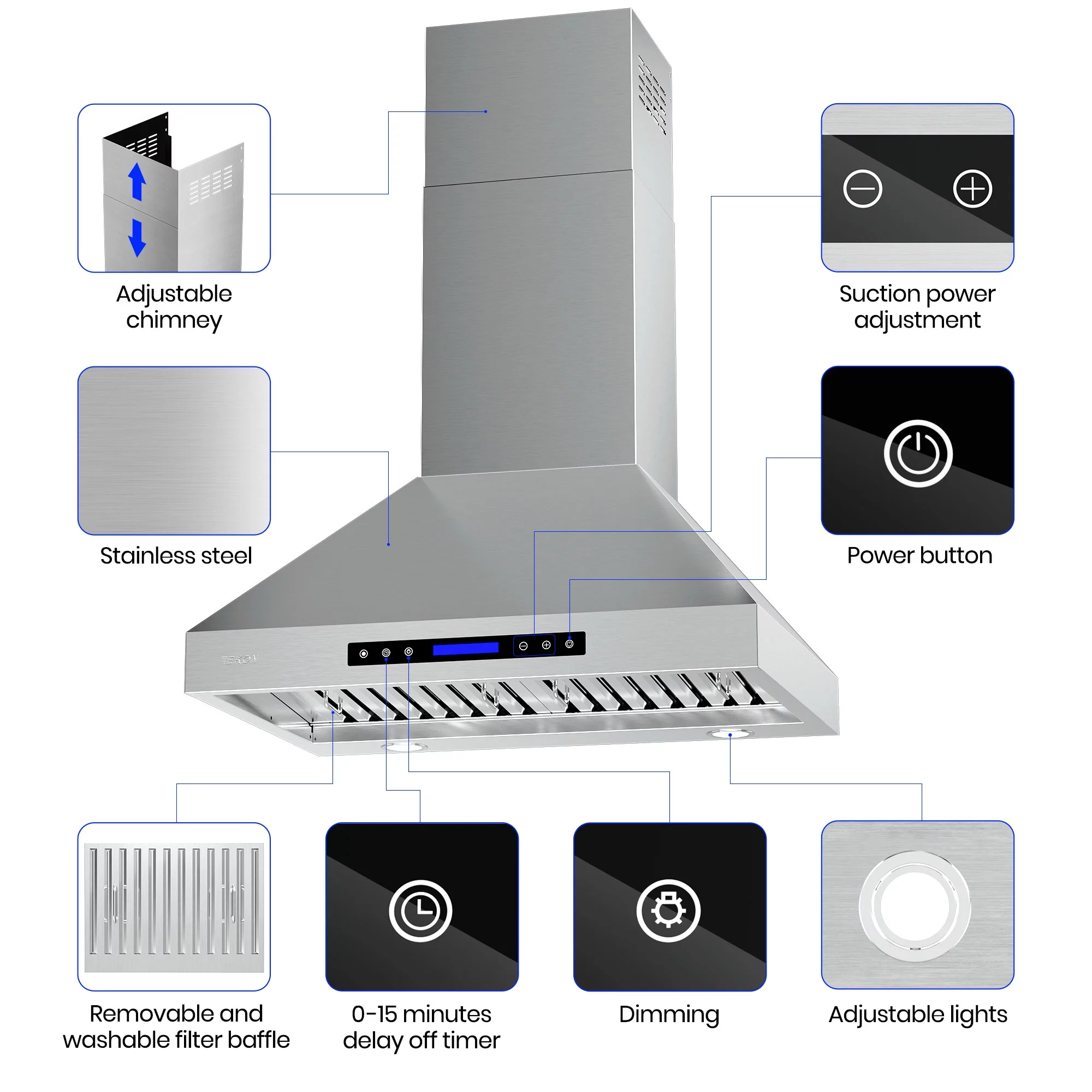 EKON KITCHEN EXPERT 30 Inches Stainless Steel Convertible Wall Mount Range Hood with Charcoal Filter and Remote Control Included NAP04-30