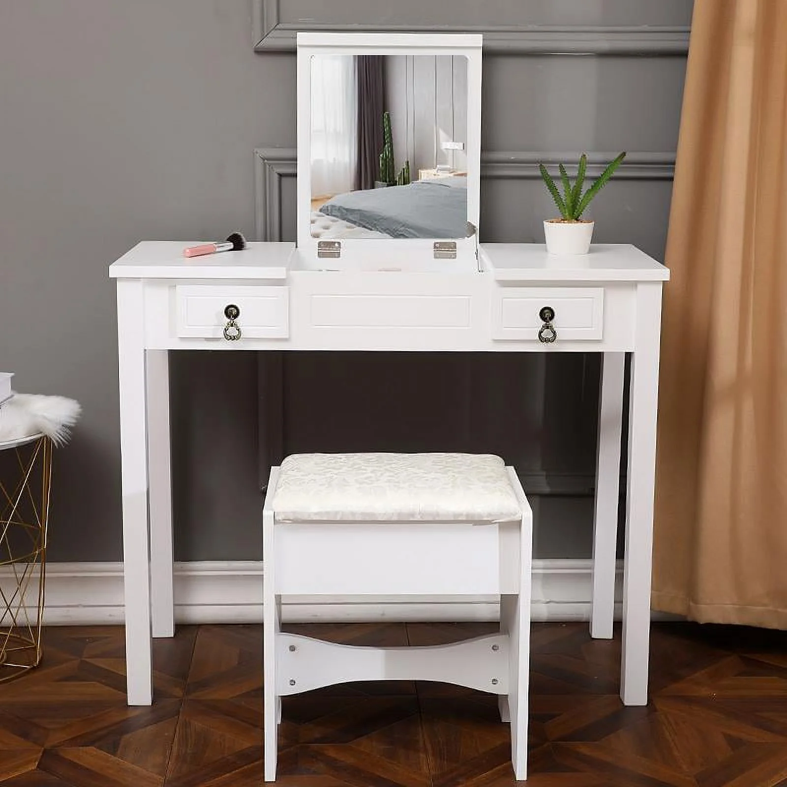 FCH Flip-top Mirror Vanity Set Makeup Dressing Table with 2 Drawers and Stool for Bedroom, White