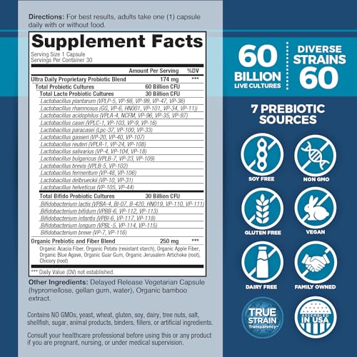 Vital Planet - Vital Flora Ultra Daily Probiotic 60 Billion CFU, Diverse Strains, Organic Prebiotics, Immune Support, Bloating Relief
