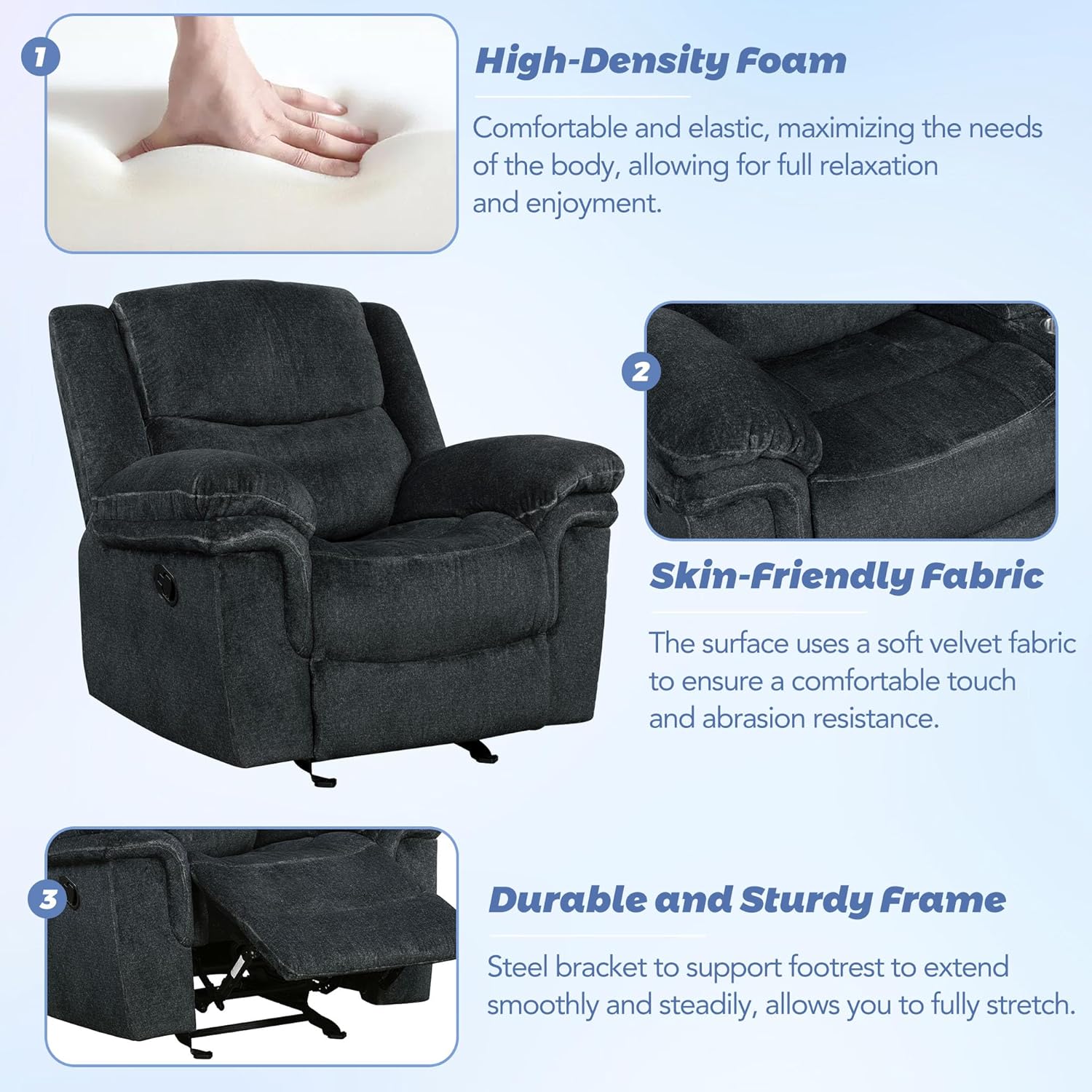 3-Piece Living Room Sets Velvet Recliner Sofa Set Reclining Chairs w/Flipped Middle Backrest,Cup Holders&Hidden Arm Storage for Elderly