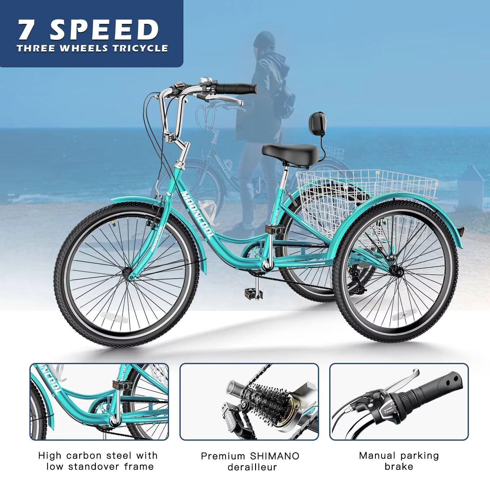 MOPHOTO 20''/24''/26'' Tricycle for Adults, 7 Speed 3-Wheel Bike, Comfort Cruiser Trike, Cyan Tricycle with Big Basket - Curated Treasures Market