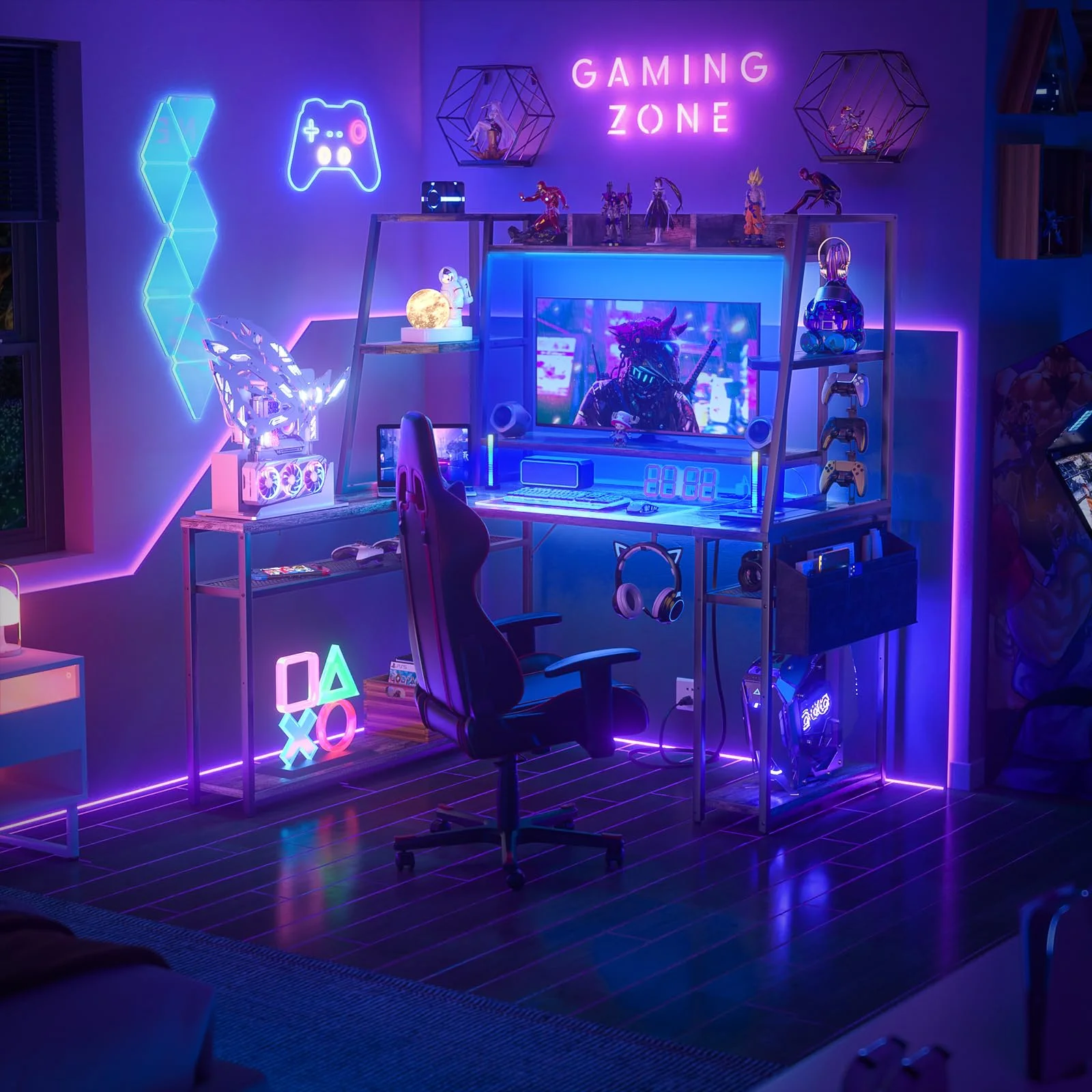 Homieasy Desk with LED Lights and Power Outlets, 47'' Reversible Large Corner Computer Desk with Hutch and Storage Shelf