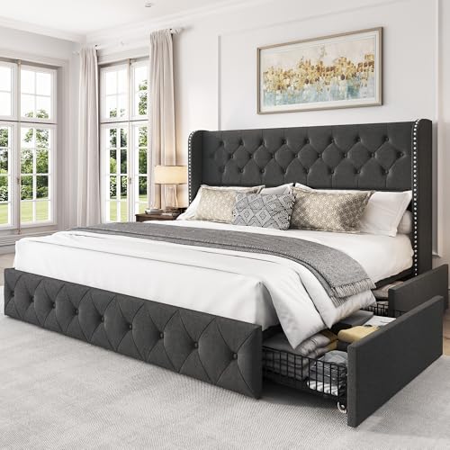 King Size Bed Frame with 4 Storage Drawers and Tufted Headboard Linen Upholstered Platform Bed Frame Wingback Beds with Wooden Slats Support