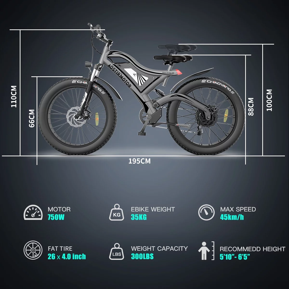Aostirmotor Electric Mountain Bike 750W 48V15Ah Removable Lithium Battery, Fat Tire Ebike 26x4.0 inch Electric Bike for Adults
