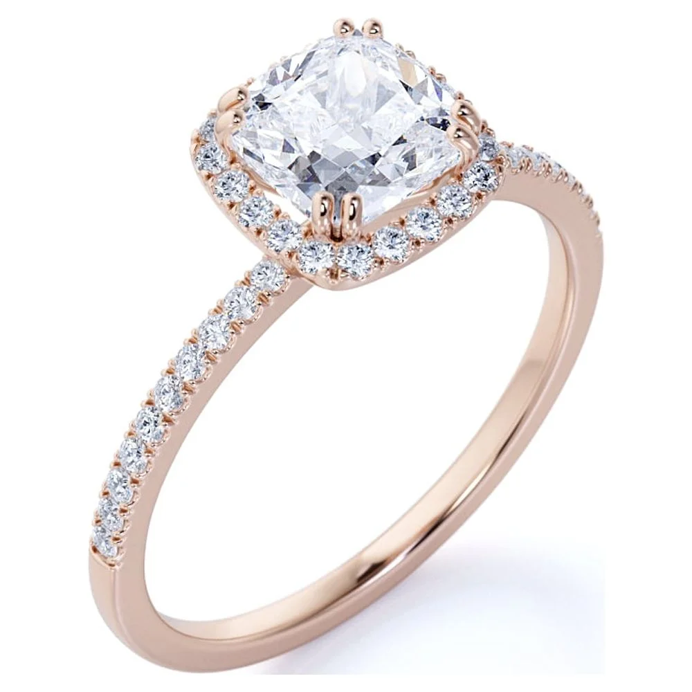 JeenMata 1.75 Carat Cushion cut Moissanite Halo Engagement Ring in 18k Rose Gold Over Silver