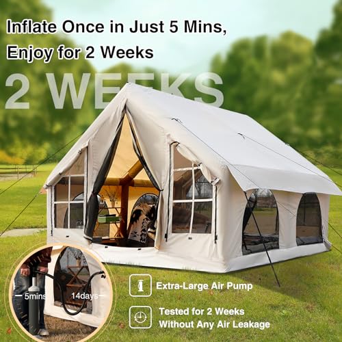 2025 Upgraded Waterproof Inflatable Camping Tent, Large Blow-Up Air Tent, No Assembly Needed Luxury Glamping House, Oxford Fabric