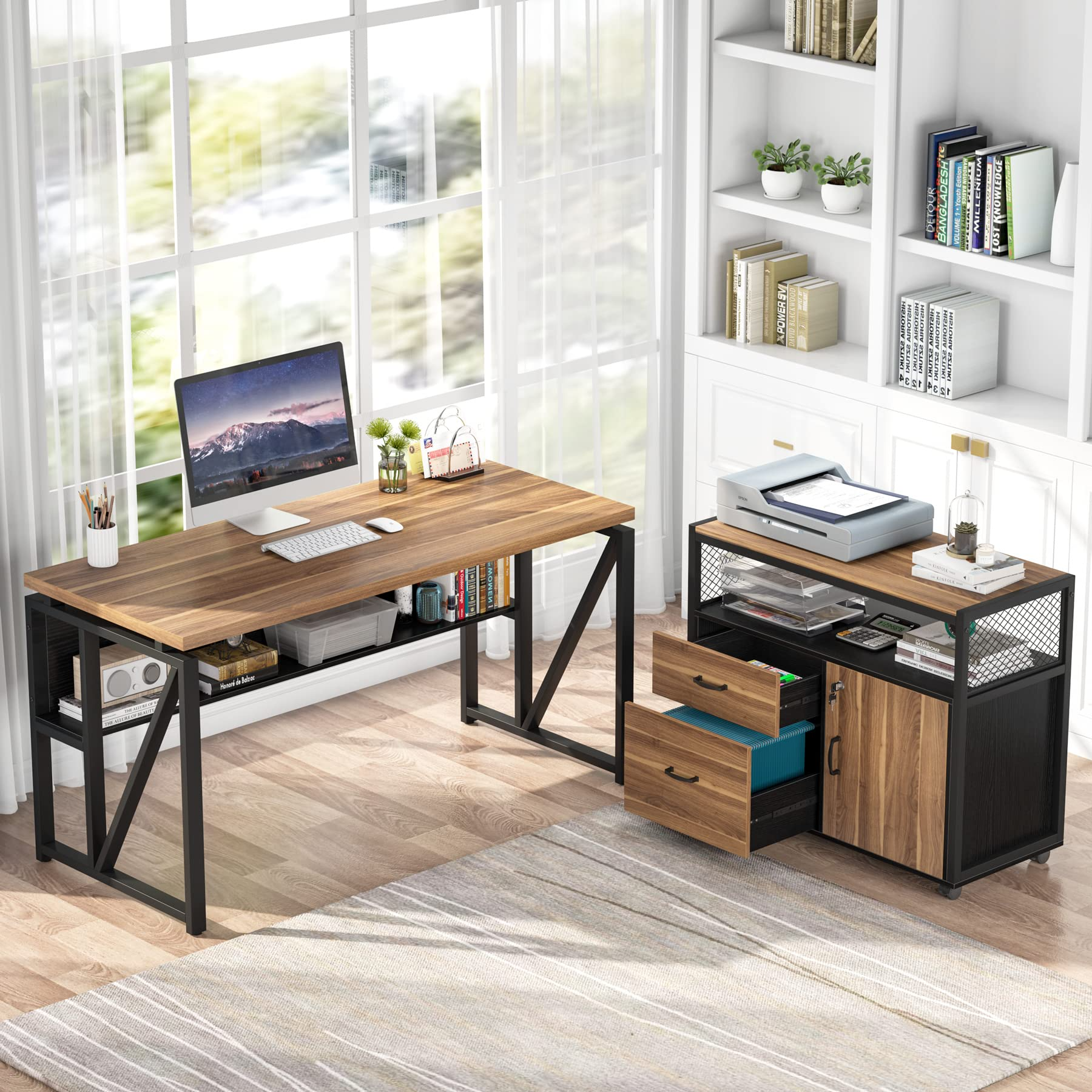 【Furniture】L Shaped Desk with Drawer Cabinet, 55" Executive Computer Desk and lateral File Cabinet