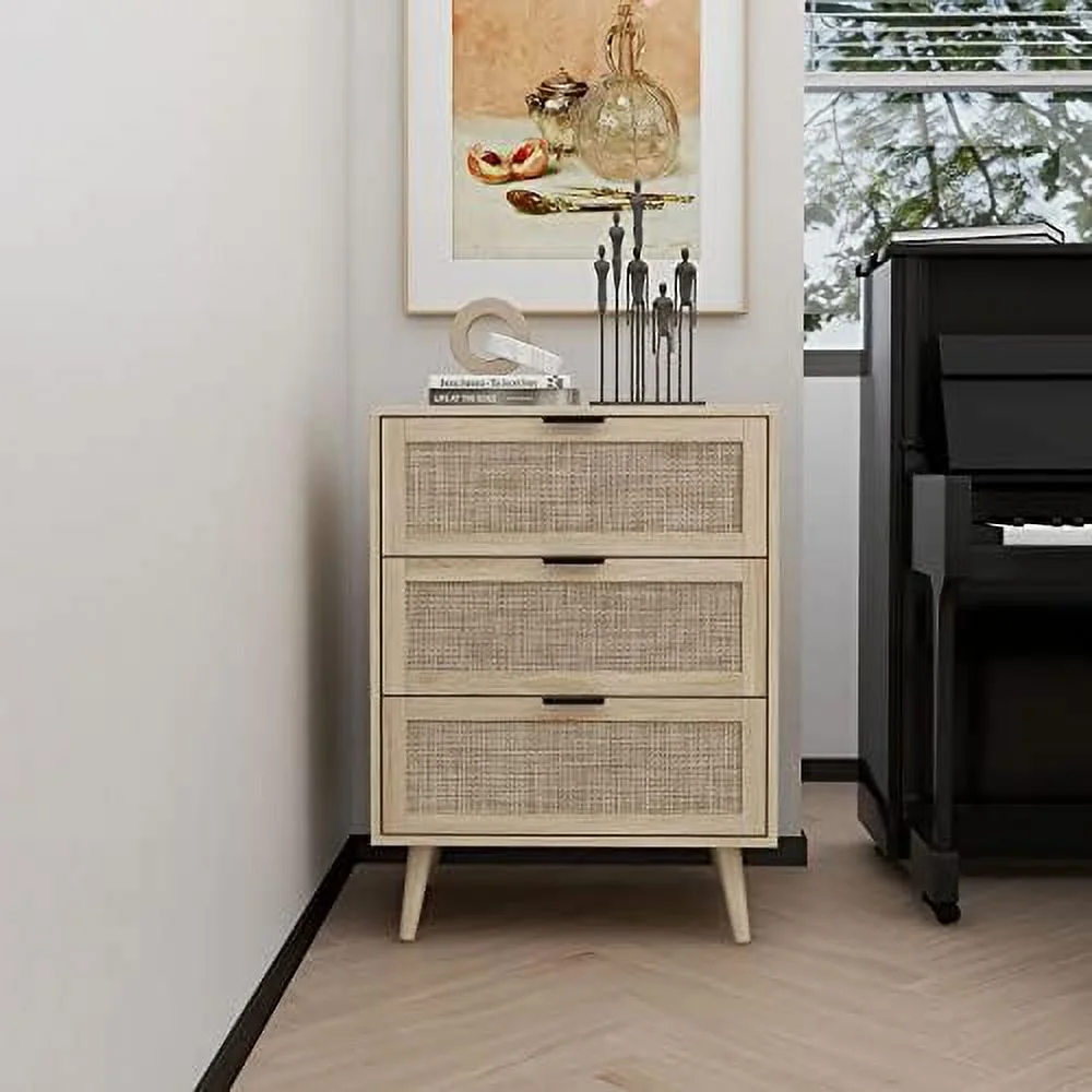 TJUNBOLIFE 3 Drawer Dresser Chests for Bedroom  3 Drawer Nightstand   Rattan Small Dresser Cabinet of 3 Drawers with Solid Wood Legs &amp