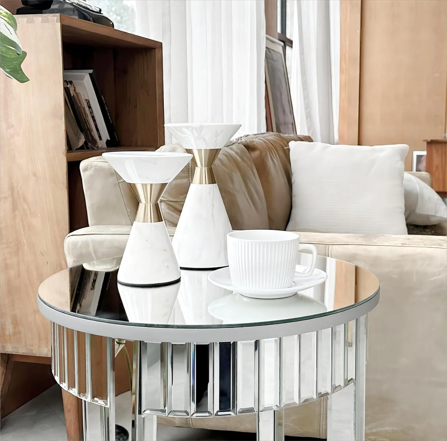 NLIBOOMLife Round Mirrored End Table  17.7 inches Circle Sofa  with Beveled Glass Silver Mirror Edge  Tall Decorative Nightstand Modern Accent Desk