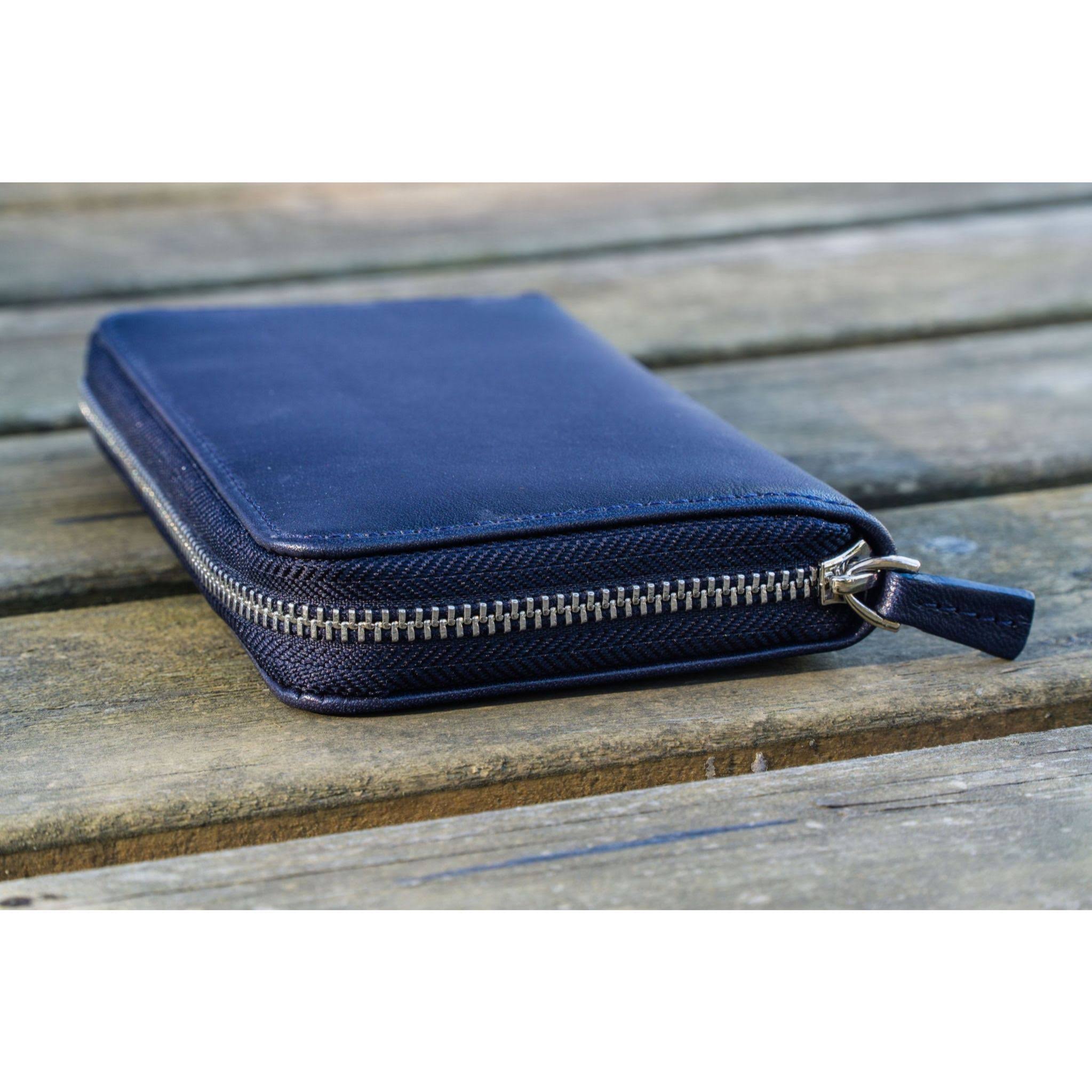 Galen Leather 3 Pen Zipper Case - Navy Blue