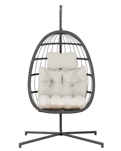 HWB Hanging Egg Chair with Stand, Patio Wicker Hammock Egg Swing Chair with Cushion for Bedroom Garden Indoor Outdoor (Beige)