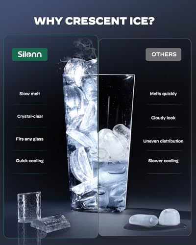 Silonn Crescent Ice Maker Countertop, Slow Melting & Crystal-Clear Ice, Self-Cleaning Ice Machine with Adjustable Ice Thickness & Timer Function
