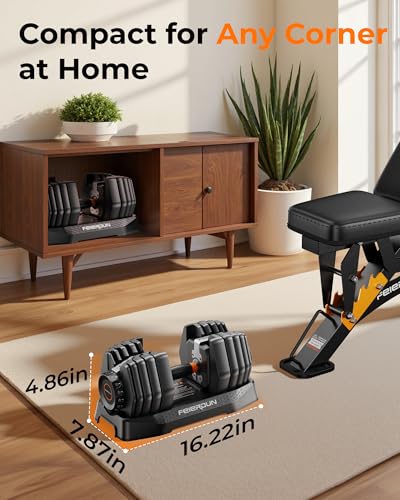 FEIERDUN Adjustable Dumbbell Set, 5-52.5lb Free Weight Dumbbells, 15 in 1, Quick Adjust Weight Set with Non-slip Handles and Tray